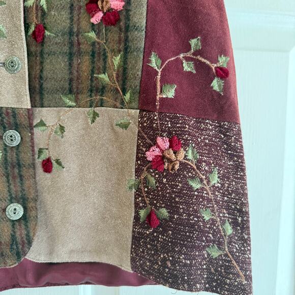 Keren Hart Vintage Suede Leather Wool Floral Plaid Patchwork Vest Burgundy Small - Picture 2 of 7